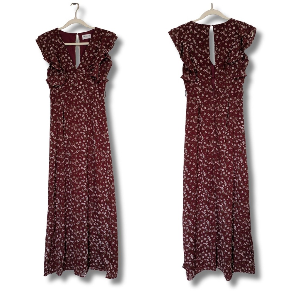 First Love Burgundy Floral Maxi Dress Flutter‎ Ruffle Sleeves Small Cottagecore
